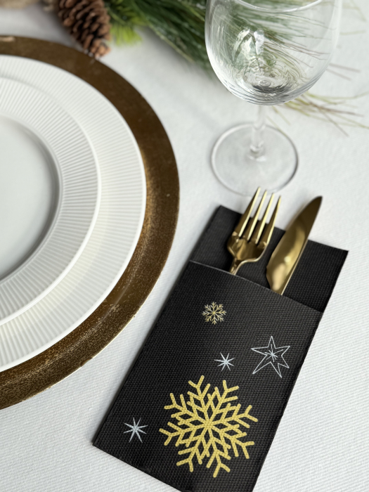 Servetele cu BUZUNAR pentru tacamuri - Snowflakes (Black) / 40 x 40 cm / 20 buc [1]