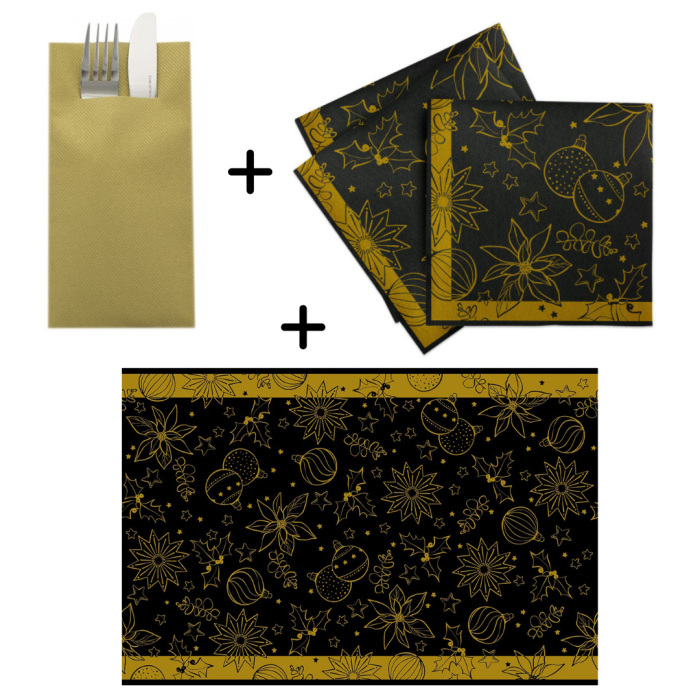 Set accesorii decorative pentru masa festiva de Craciun/ Revelion - servetele festive, servetele cu buzunar pentru tacamuri si traversa de masa - Linclass Milan Black-Gold 2 [1]
