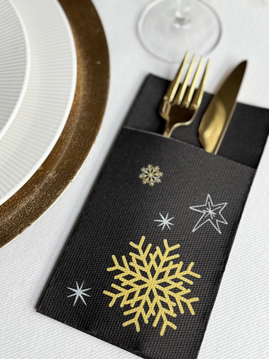 Servetele cu BUZUNAR pentru tacamuri - Snowflakes (Black) / 40 x 40 cm / 20 buc [2]
