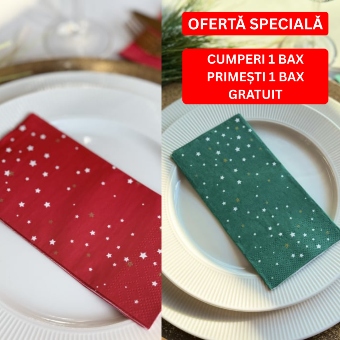 MIX BAX Servetele de masa, 3 straturi, Tissue - Christmas Star Verde si Rosu , 33 x 33 cm, pliate 1/8, 625 buc verzi si 625 buc rosii [1]