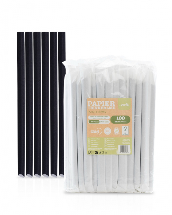 Paie negre pentru Bubble Tea, din hartie, ambalate individual, 12 mm x 23 cm, 100 buc [1]