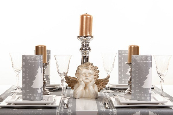 Set accesorii argintii pentru masa festiva de Craciun/ Revelion - servetele de masa, servetele pentru tacamuri, rola traversa - Linclass White Tree [2]