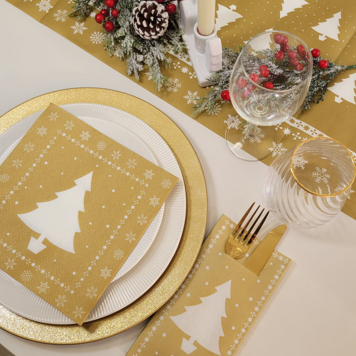 Set accesorii aurii pentru masa festiva de Crăciun / Revelion - șervețele de masa, șervețele pentru tacâmuri, rola traversă - Linclass White Tree... [2]