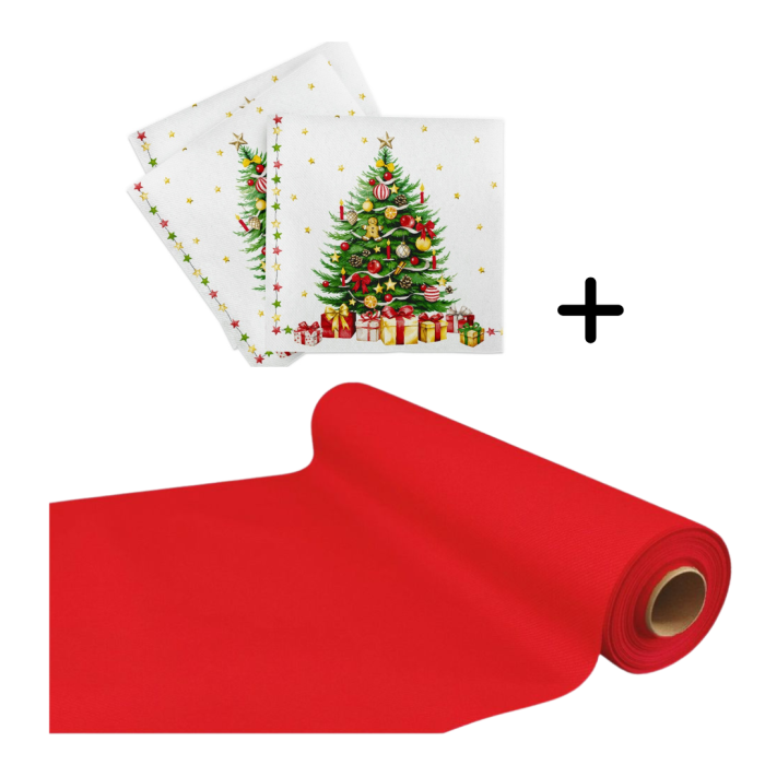 Set accesorii decorative masa festiva de Craciun/Revelion - servetele festive si traversa de masa Linclass Christmas Tree Red [1]