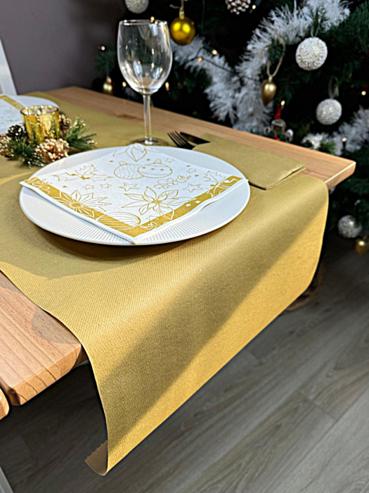 Set accesorii decorative pentru masa festiva de Craciun/ Revelion - servetele festive, servetele cu buzunar pentru tacamuri si traversa de masa - Linclass Milan White-Gold [4]