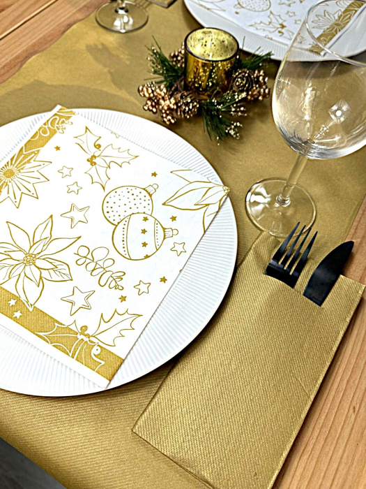 Set accesorii decorative pentru masa festiva de Craciun/ Revelion - servetele festive, servetele cu buzunar pentru tacamuri si traversa de masa - Linclass Milan White-Gold [3]