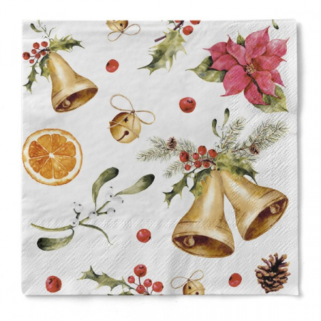 Produse - Servetele de masa de Craciun, 3 straturi, Tissue - Marianne (clopotei) / 40 x 40 cm / 100 buc