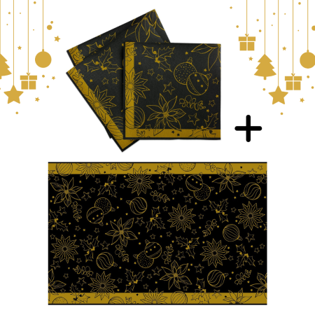 Traverse masa - cu IMPRIMEU - Set accesorii decorative masa festiva de Craciun/Revelion - servetele festive si traversa de masa Linclass Milan Black