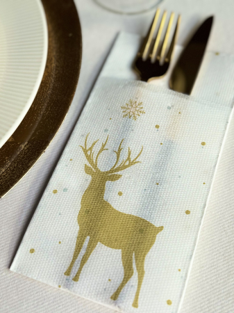 Servetele cu BUZUNAR pentru tacamuri - Softpoint Deer (White-Gold) / 40 x 40 cm / 20 buc [1]