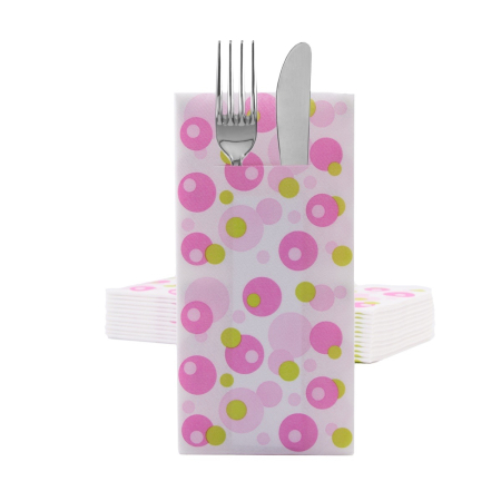 Servetele cu BUZUNAR pentru tacamuri, Linclass Bubbles (roz-verde) / 40 x 40 cm / 12 buc [1]