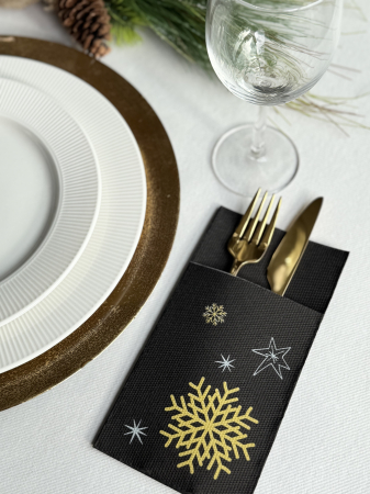 Softpoint, BEST SELLER - Servetele cu BUZUNAR pentru tacamuri - Snowflakes (Black) / 40 x 40 cm / 20 buc