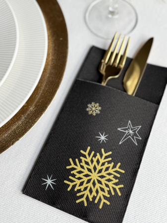 Servetele cu BUZUNAR pentru tacamuri - Snowflakes (Black) / 40 x 40 cm / 20 buc [1]
