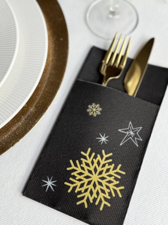 BAX Servetele cu BUZUNAR pentru tacamuri - Snowflakes (Black) / 40 x 40 cm / 1200  buc [4]
