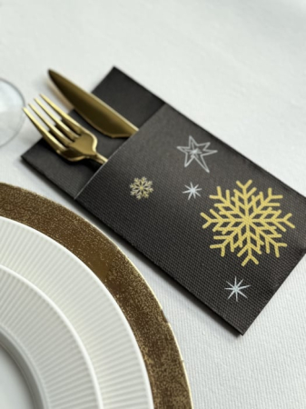 BAX Servetele cu BUZUNAR pentru tacamuri - Snowflakes (Black) / 40 x 40 cm / 1200  buc [2]