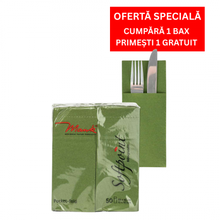 1 + 1 GRATIS - BAX Servetele cu BUZUNAR pentru tacamuri - Softpoint (Verde Oliv) / 33 x 40 cm / 900 buc