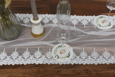 Coastere/suporturi din carton pentru pahare, halbe sau cesti / albe (imprimeu inimi) / diametru 10,7 cm / 100 buc [8]