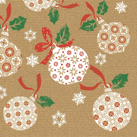 DECOR IARNA - Servetele de masa festive Linclass pentru Craciun/Revelion - Soren (globuri pe fundal bej)  / 40 x 40 cm / 50 buc