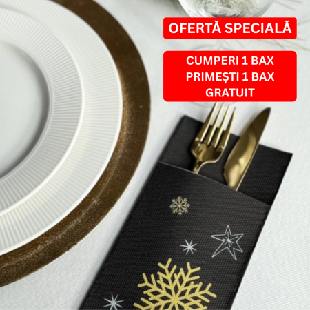 Mini BAX - 1 + 1 GRATIS - MINI BAX Servetele cu BUZUNAR pentru tacamuri - Snowflakes (Black) / 40 x 40 cm / 600 buc