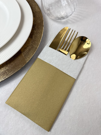 Servetele cu BUZUNAR pentru tacamuri Linclass - Gold (Auriu) cu manseta alba / 40 x 40 cm / 50 buc [1]