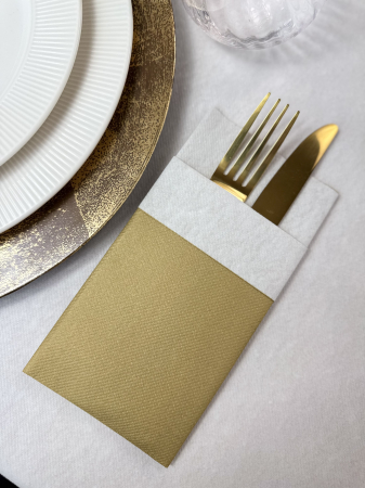 DECORURI DE MASA TEMATICE - Servetele cu BUZUNAR pentru tacamuri Linclass - Gold (Auriu) cu manseta alba / 40 x 40 cm / 50 buc
