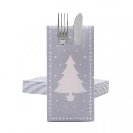 Linclass, HIGH QUALITY - Servetele cu BUZUNAR pentru tacamuri pentru Craciun/Revelion - Linclass White Tree (argintii) / 40 x 40 cm / 12 buc