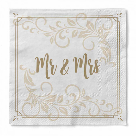 Servetele de masa, 3 straturi, IMPRIMEU - Servetele de masa 3 straturi pentru nunta, Mr & Mrs (ornament) / 33 x 33 cm / 20 buc