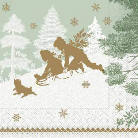 Produse - Servetele de masa de Craciun, 3 straturi, Tissue - Schlittenfahrt (fundal verde menta)/ 40 x 40 cm / 100 buc