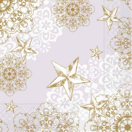 Produse - Servetele de masa de Craciun, 3 straturi, Tissue - Sternenschein (stelute, gri-auriu) / 40 x 40 cm / 100 buc