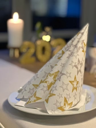 DECOR ANIVERSARI COPII - Servetele de masa festive Linclass pentru Craciun/Revelion - Allison (stelute aurii si argintii) / 40 x 40 cm / 50 buc