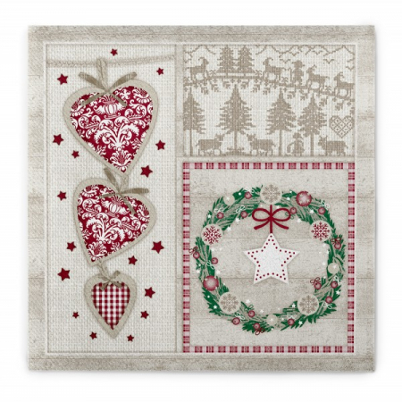Produse - Servetele de masa festive Linclass pentru Craciun/Revelion - Benita (coronița de Craciun, inimioare) / 40 x 40 cm / 50 buc