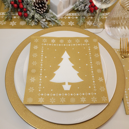 DECOR IARNA - Servetele de masa festive Linclass pentru Craciun/Revelion - White Tree (auriu) / 40 x 40 cm / 12 buc