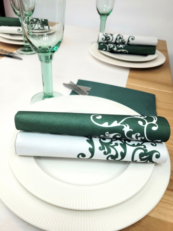 Produse - Servetele de masa festive Linclass - Pomp (verde-alb) / 40 x 40 cm / 50 buc