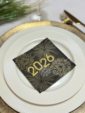 Servetele festive - IARNA/CRACIUN/REVELION - Servetele festive pentru Revelion, Softpoint - 2026 (negru-auriu) / 24 x 24 cm / 30 buc