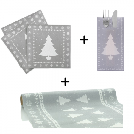 Produse - Set accesorii argintii pentru masa festiva de Craciun/ Revelion - servetele de masa, servetele pentru tacamuri, rola traversa - Linclass White Tree
