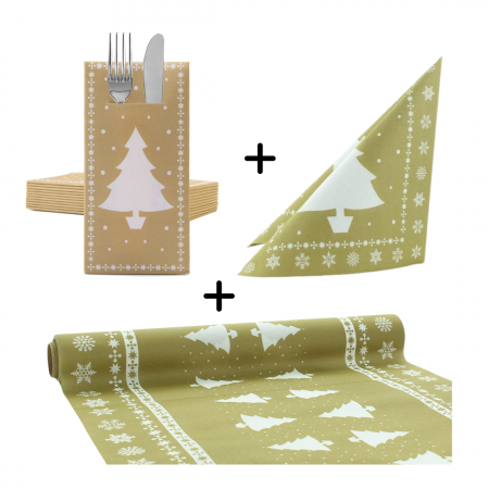 Traverse Masa - CRACIUN/REVELION - Set accesorii aurii pentru masa festiva de Crăciun / Revelion - șervețele de masa, șervețele pentru tacâmuri, rola traversă - Linclass White Tree...