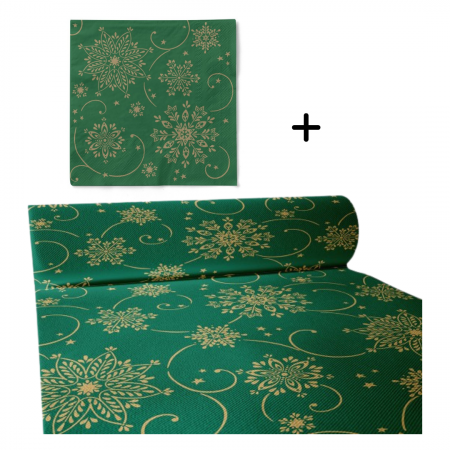 Produse - Set accesorii decorative masa festiva Craciun/Revelion- traversa de masa si servetele de masa Cristal verde-auriu