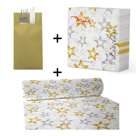 DECOR ANIVERSARI COPII - Set accesorii decorative masa festiva de Craciun/Revelion - servetele festive, servetele pentru tacamuri, traversa de masa Linclass Allison Auriu