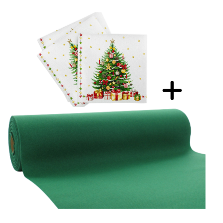 Traverse masa - CULORI UNI - Set accesorii decorative masa festiva de Craciun/Revelion - servetele festive si traversa de masa Linclass Christmas Tree Green
