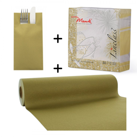 Traverse Masa - CRACIUN/REVELION - Set accesorii decorative masa festiva de REVELION / ANUL NOU - șervețele festive, șervețele pentru tacâmuri, traversă de masa Linclass Gold (aurie)