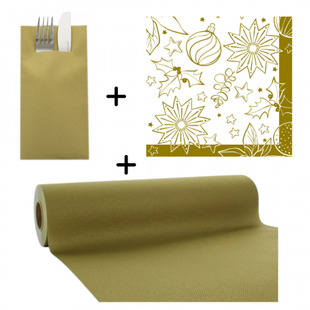 SETURI de masa - Set accesorii decorative pentru masa festiva de Craciun/ Revelion - servetele festive, servetele cu buzunar pentru tacamuri si traversa de masa - Linclass Milan White-Gold