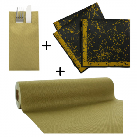 TRAVERSE MASA - Set accesorii decorative pentru masa festiva de Craciun/ Revelion - servetele festive, servetele cu buzunar pentru tacamuri si traversa de masa - Linclass Milan Black-Gold