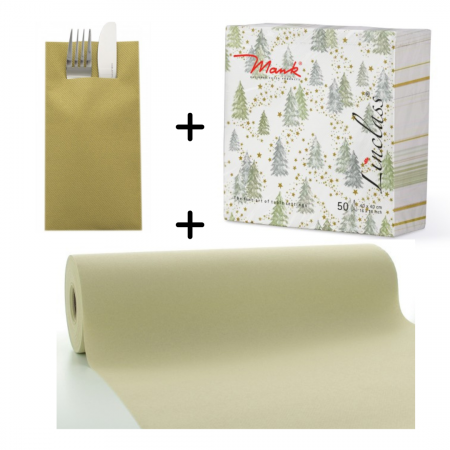 SETURI de masa - Set accesorii decorative pentru masa festiva de Craciun/ Revelion -  servetele festive, servetele cu buzunar pentru tacamuri si traversa de masa - Linclass Tommy Olive