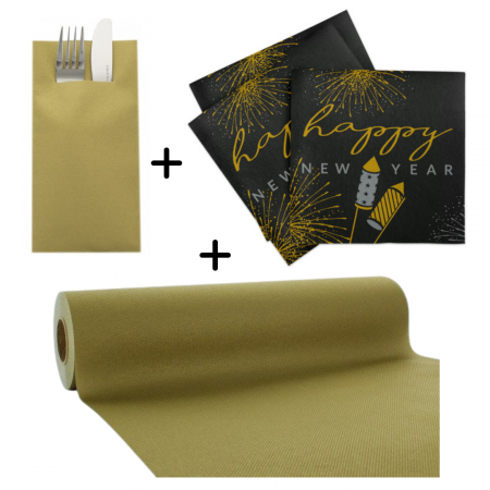 Set accesorii decorative pentru masa festiva de Revelion - servetele festive, servetele cu buzunar pentru tacamuri si traversa de masa - Linclass Rocky-Gold [1]
