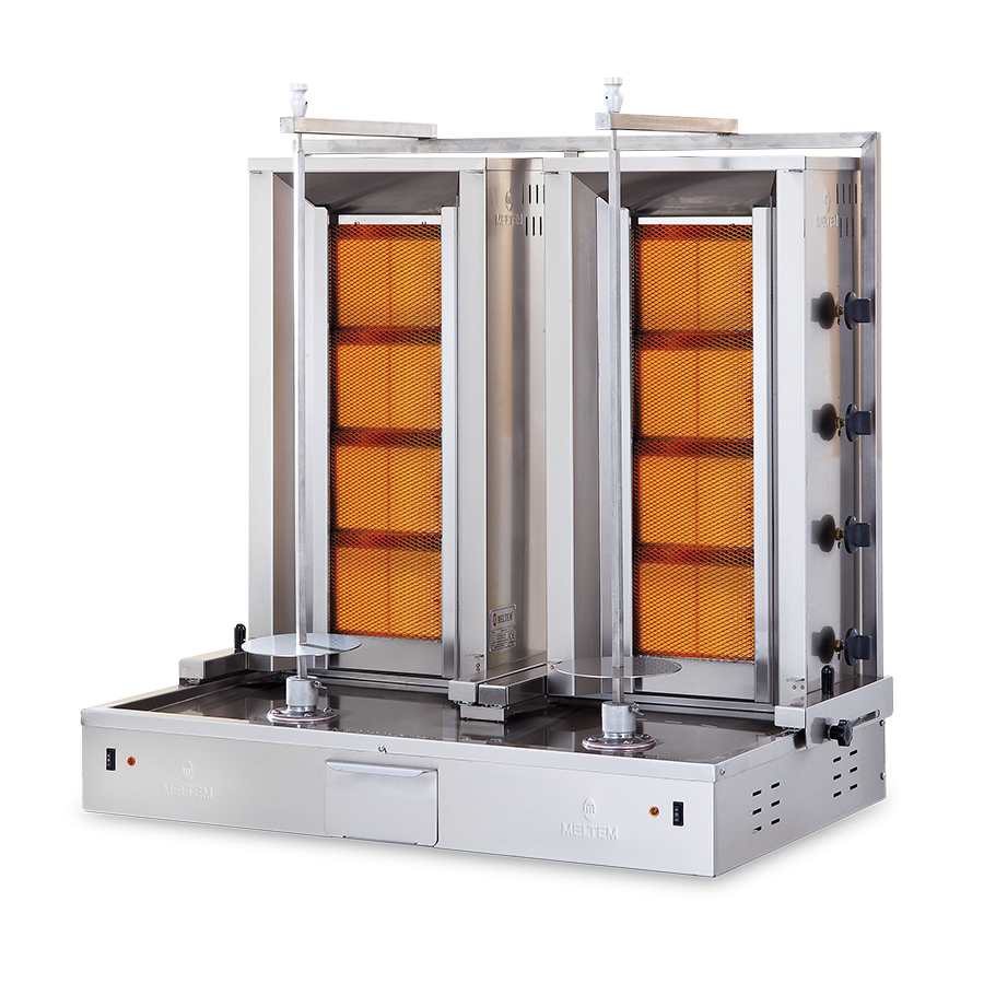 Aparat DUBLU pentru kebap, shaorma, gyros,  cu 4+4 arzatoare, motor jos, capacitate maxima 2x50kg, putere calorica 25.2kw, Meltem [1]