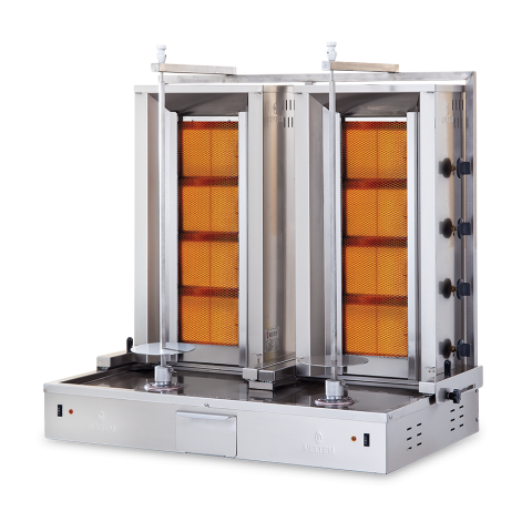 Aparate kebap, shaorma, gyros MELTEM - Aparat DUBLU pentru kebap, shaorma, gyros,  cu 4+4 arzatoare, motor jos, capacitate maxima 2x50kg, putere calorica 25.2kw, Meltem