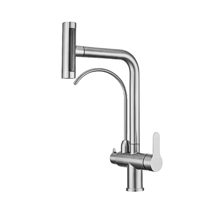 Baterie bucătărie cu 3 căi pentru filtru de purificare, crom, cap de dus extractabil, cu 4 jeturi de apa [1]