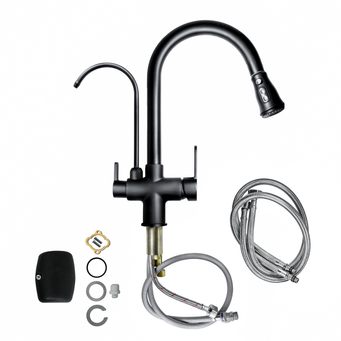 Baterie bucătărie cu 3 căi pentru filtru de purificare, neagră. [3]