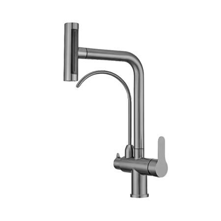 Baterii Bucătărie cu 3 Căi - Baterie bucătărie cu 3 căi pentru filtru de purificare, GRI, cap de dus extractabil, cu 4 jeturi de apa