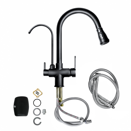 Baterie bucătărie cu 3 căi pentru filtru de purificare, neagră. [2]