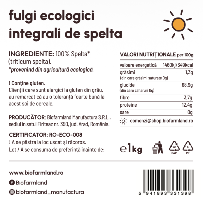 Fulgi integrali de grâu spelta, sursă de fibre | 1kg [2]